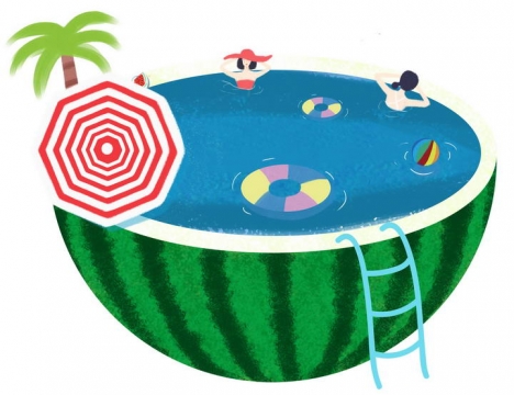 抽象风格夏天在西瓜游泳池中游泳的人群图片免抠素材