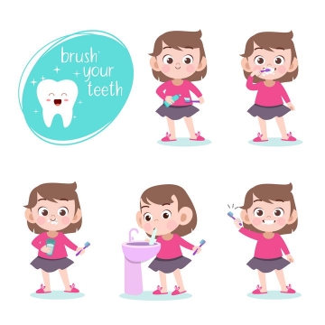 保护牙齿早上起来刷牙的卡通小女孩图片免抠素材