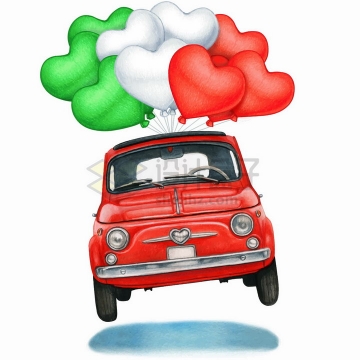 心形气球吊起的红色小汽车婚车结婚用车水彩插画png图片免抠矢量素材