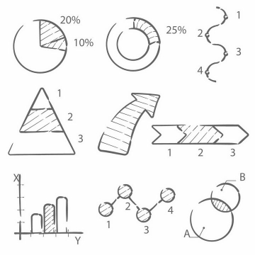 手绘黑色线条风格饼形图环形比例图流程图三角图箭头柱形图等PPT数据图表png图片免抠矢量素材