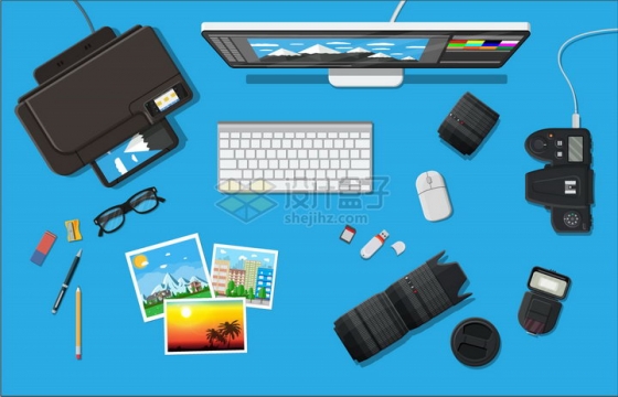打印机数码相机iMac电脑键盘照片镜头SD卡U盘等摄影师装备png图片素材