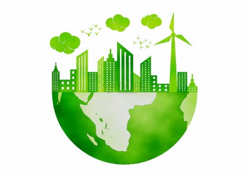 半个绿色地球上的城市风车环境保护主题插画png图片素材