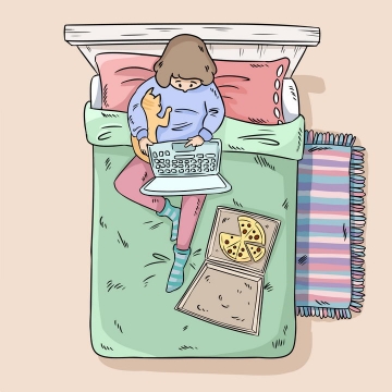 彩绘手绘卡通在床上抱着猫咪吃披萨玩电脑的女孩图片免抠素材