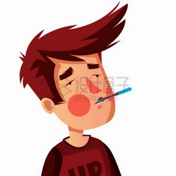 卡通男人嘴里含着水银温度计测量体温预防新型冠状病毒疫情插画png图片免抠矢量素材