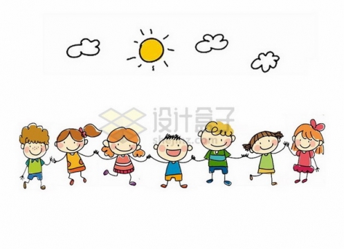 太阳下手牵手的卡通小朋友六一儿童节主题插画png免抠图片素材