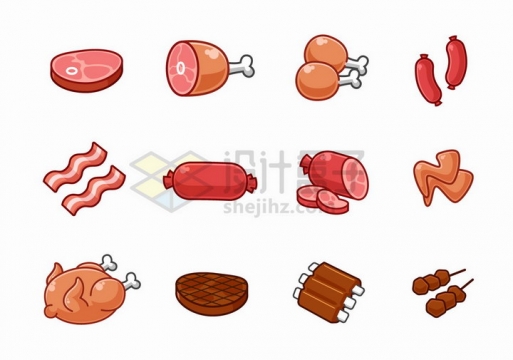 牛排火腿鸡腿香肠红肠培根排骨鸡翅烤肉串等卡通肉食美食png图片免抠矢量素材