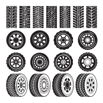 各种黑白色的汽车轮胎和轮胎印车轮印png图片免抠矢量素材