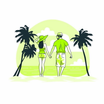 绿色扁平插画风格手牵手在热带海滩散步的情侣png图片免抠矢量素材