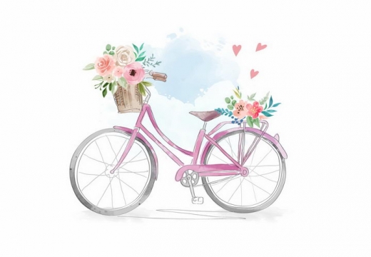 彩绘风格放着鲜花的粉色自行车png图片免抠矢量素材