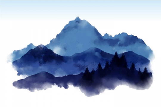 彩色水彩画远处的大山山脉图片免抠素材