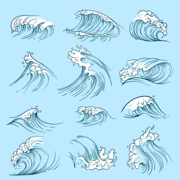 12款手绘风格的波浪浪花图片免抠素材