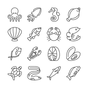 16款线条简笔画风格的章鱼乌贼海马等海洋生物图片免抠素材