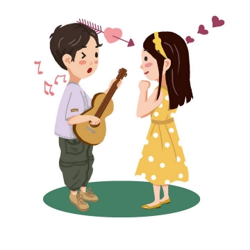 手绘卡通风格为女孩子弹吉他的男孩情侣情人节图片免抠素材