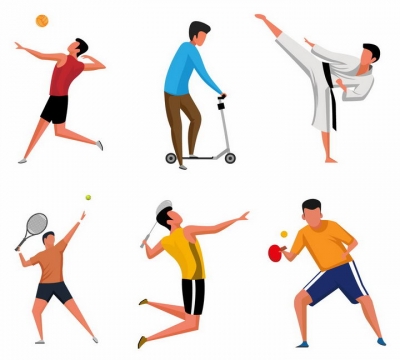 6款排球跆拳道网球羽毛球和乒乓球等体育运动的男人png图片免抠矢量素材