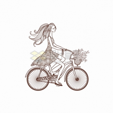 连衣裙少女骑自行车手绘线条插画png图片素材