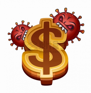 红色卡通病毒咬美元标志象征疫情引发的经济危机png图片免抠矢量素材