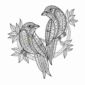 枝头上的两只小鸟抽象图案线条插画png图片素材