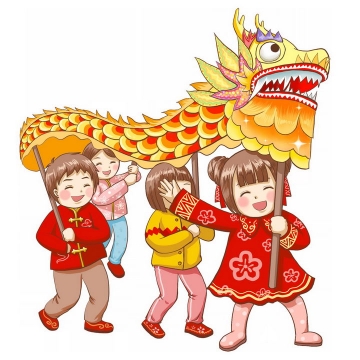 新年春节卡通舞龙表演的孩子png图片免抠素材
