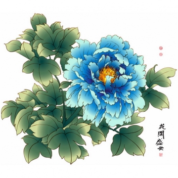蓝色芍药花国画插画134016png图片素材