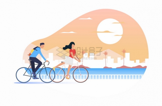夕阳下卡通男孩女孩骑自行车出行郊游扁平插画png图片素材