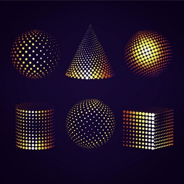 6款黄色原点光点组成的球形锥形圆柱体立方体等形状图案图片免抠矢量图素材
