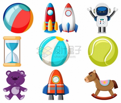 卡通玩具球小火箭机器人沙漏小熊木马等玩具png图片素材