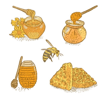 手绘风格的蜂蜜罐和蜂蜜棒免抠矢量图片素材