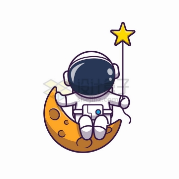 卡通宇航员坐在弯弯的月球上拿着星星气球png图片免抠矢量素材