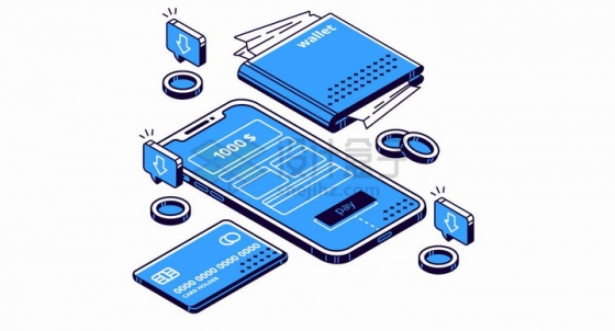 2.5D风格蓝色智能手机银行卡智能钱包png图片免抠矢量素材