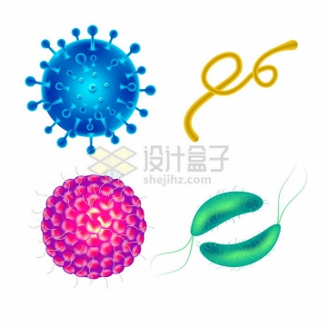 4款逼真的彩色3D立体病毒细菌png图片免抠矢量素材