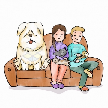 卡通情侣抱着猫咪和狗狗坐在沙发上宠物彩绘插画png图片素材