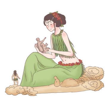 女娲造人中国传统神话人物传说故事手绘彩色插图图片免抠png素材