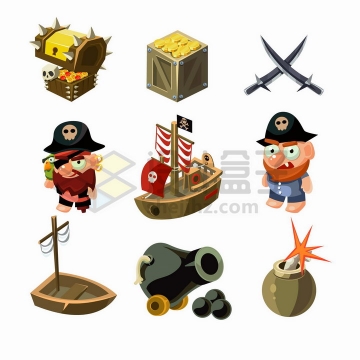 9款卡通风格海盗船宝箱金币大炮等png图片免抠矢量素材