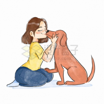 卡通女孩跪在地上和狗狗亲吻宠物彩绘插画png图片素材