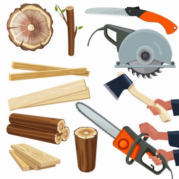 木桩木材年轮木板电锯电链锯伐木锯斧头等伐木工具png图片免抠矢量素材