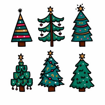 6款手绘卡通风格圣诞节装饰圣诞树免抠png图片矢量图素材