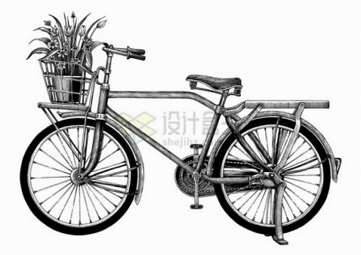老式复古自行车车篮中有盆栽手绘素描插画png图片免抠矢量素材