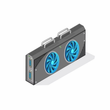 2.5D风格装有两个蓝色散热风扇的电脑显卡配件png图片免抠矢量素材