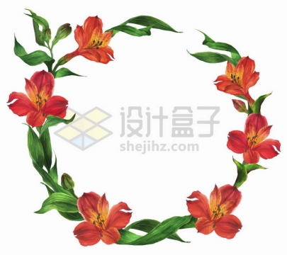 红色百合花和绿叶组成的花环png图片免抠矢量素材