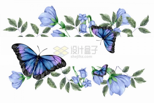 曼陀罗花朵树叶和紫色蝴蝶标题框png图片免抠矢量素材