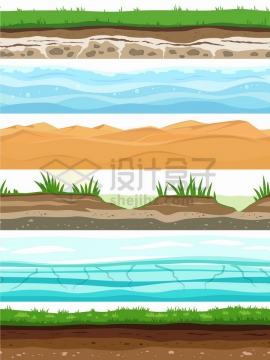 青草地海水沙漠池塘冰层泥土层等土壤分层解剖图png图片免抠矢量素材