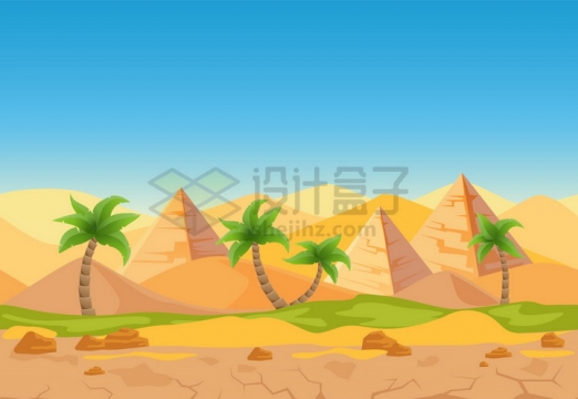 卡通风格埃及金字塔沙漠和棕榈树风景png图片免抠矢量素材