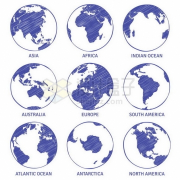 蓝色素描地球世界七大洲地图png图片免抠矢量素材