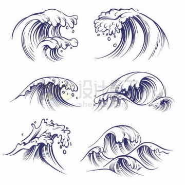 6款蓝色手绘素描风格海浪波浪png图片免抠矢量素材