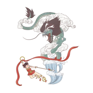 哪吒闹海中国传统神话人物传说故事手绘彩色插图图片免抠png素材