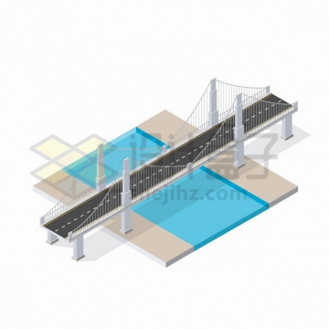 2.5D风格蓝色河流上面的斜拉桥大桥桥梁png图片素材