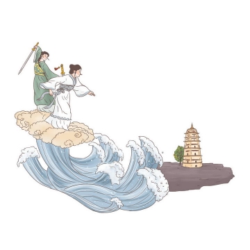 白娘子水漫金山寺中国传统神话人物传说故事手绘彩色插图图片免抠png素材