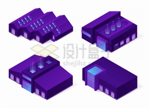 4款2.5D风格紫色的工厂厂房png图片素材