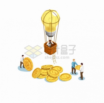 抽象创意点子黄色电灯泡构成热气球和下面的金币象征了众筹png图片免抠矢量素材