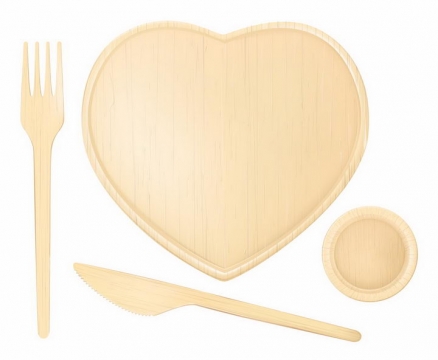 木制西餐刀叉和心形木制餐盘碟子盘子png图片免抠矢量素材